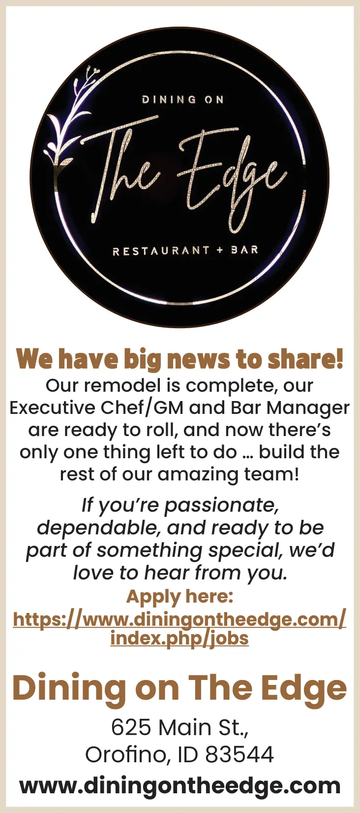 Restaurant Team Member Jobs in Orofino, ID – Dining on The Edge