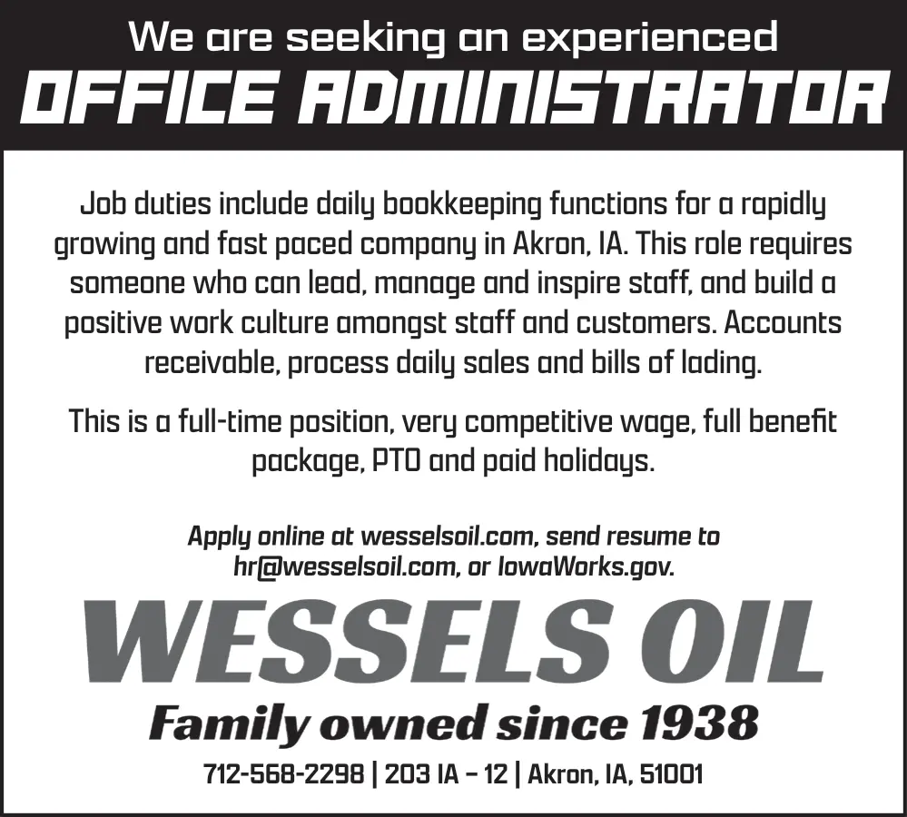 Office Admnistrator Job Opening in Akron, IA