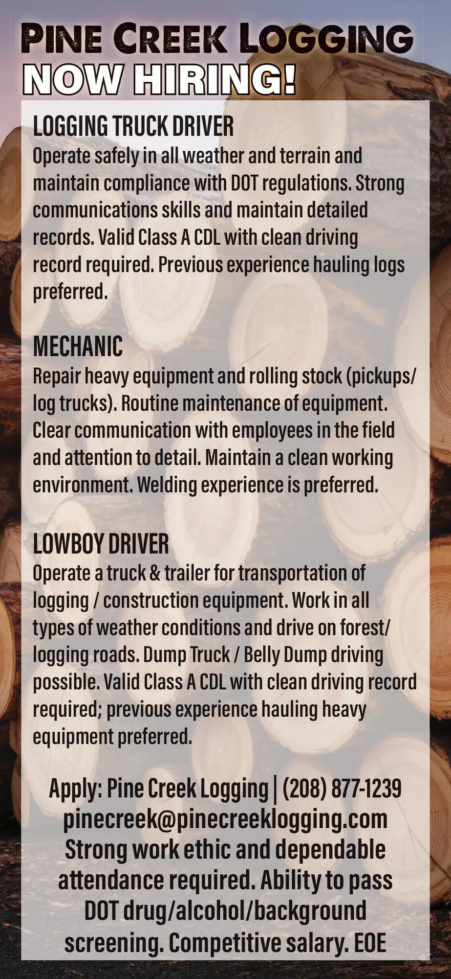 Join Pine Creek Logging as a Logging Truck Driver – Deary, ID