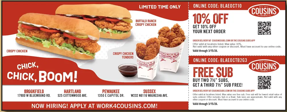 Cousins Subs – Fresh Sandwiches & Crispy Chicken in Brookfield, Wisconsin