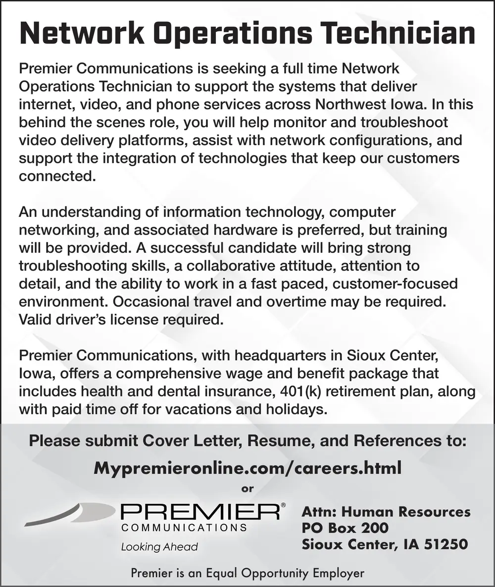 Network Operations Technician Job Opportunity in Sioux Center
