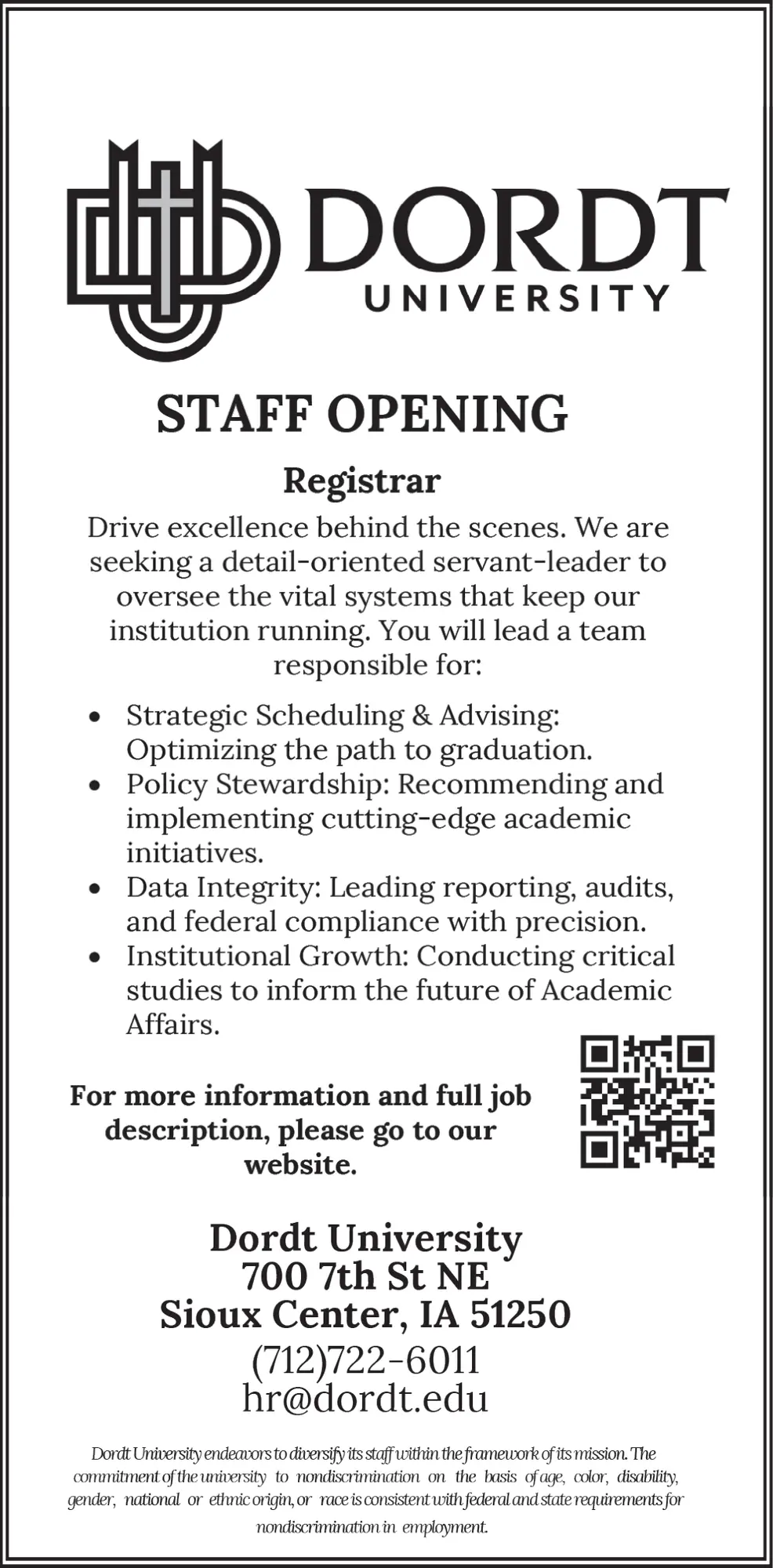 Dordt University - Registrar Jobs in Sioux Center, IA