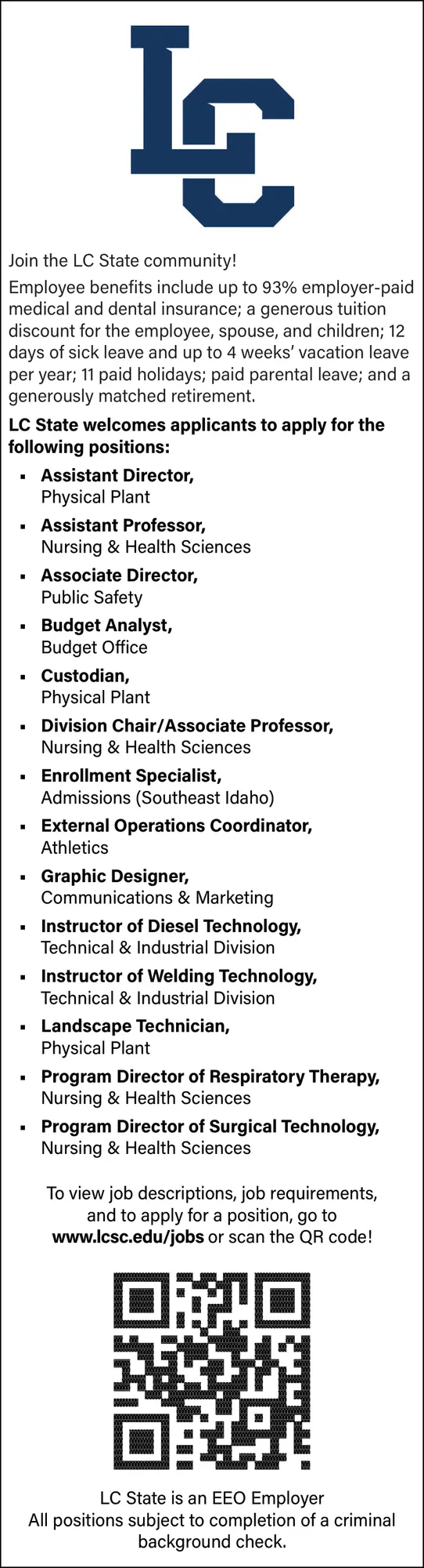 Employment Opportunities - LC State Careers in Lewiston, Idaho