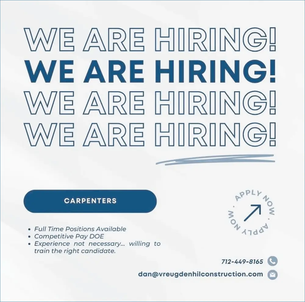 Now Hiring Carpenters in Iowa at Vreugdenhil Construction