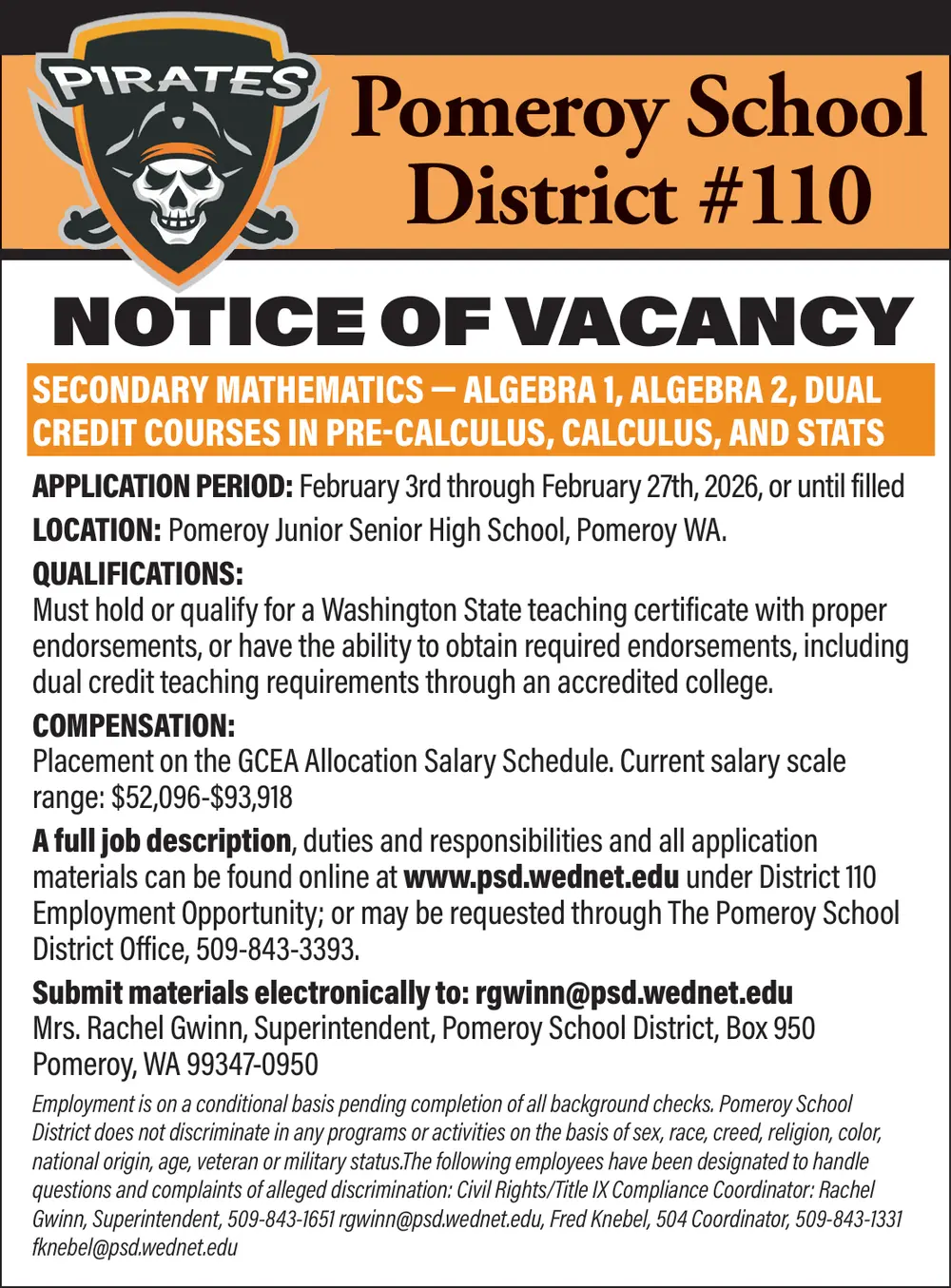 Secondary Mathematics Teacher Job in Pomeroy, WA