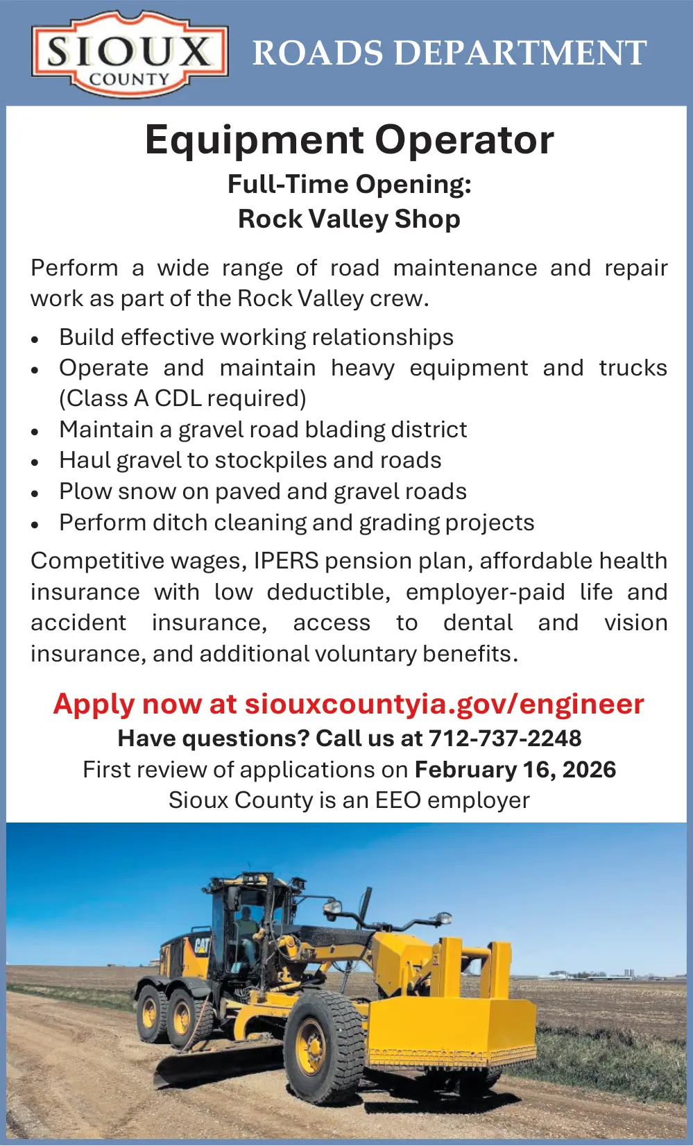 Road Maintenance & Equipment Operator Careers in Rock Valley, Iowa