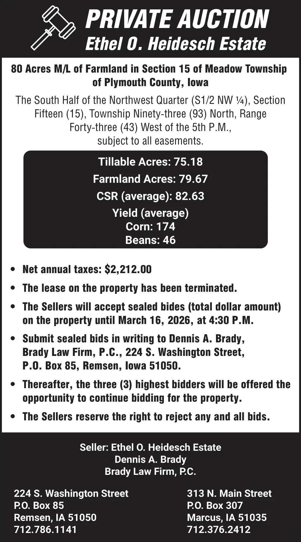 Private Farmland Auction – Remsen, Iowa