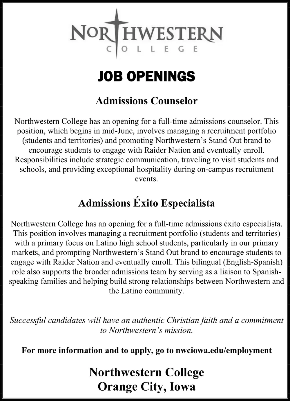 Admissions Counselor Careers at Northwestern College – Orange City, Iowa