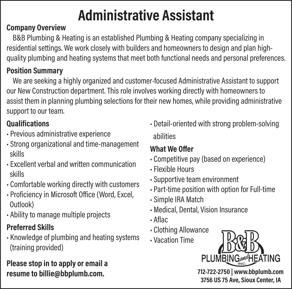 Administrative Assistant Jobs in Sioux Center, IA