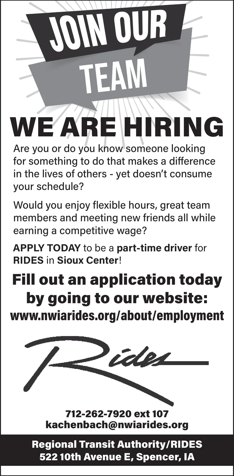 Drive for RIDES in Spencer, IA – Join Our Team