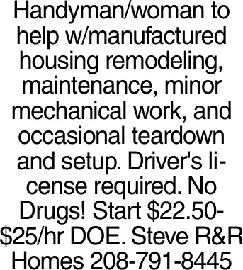 Handyman Job Opening for Manufactured Homes in Lewiston, Idaho