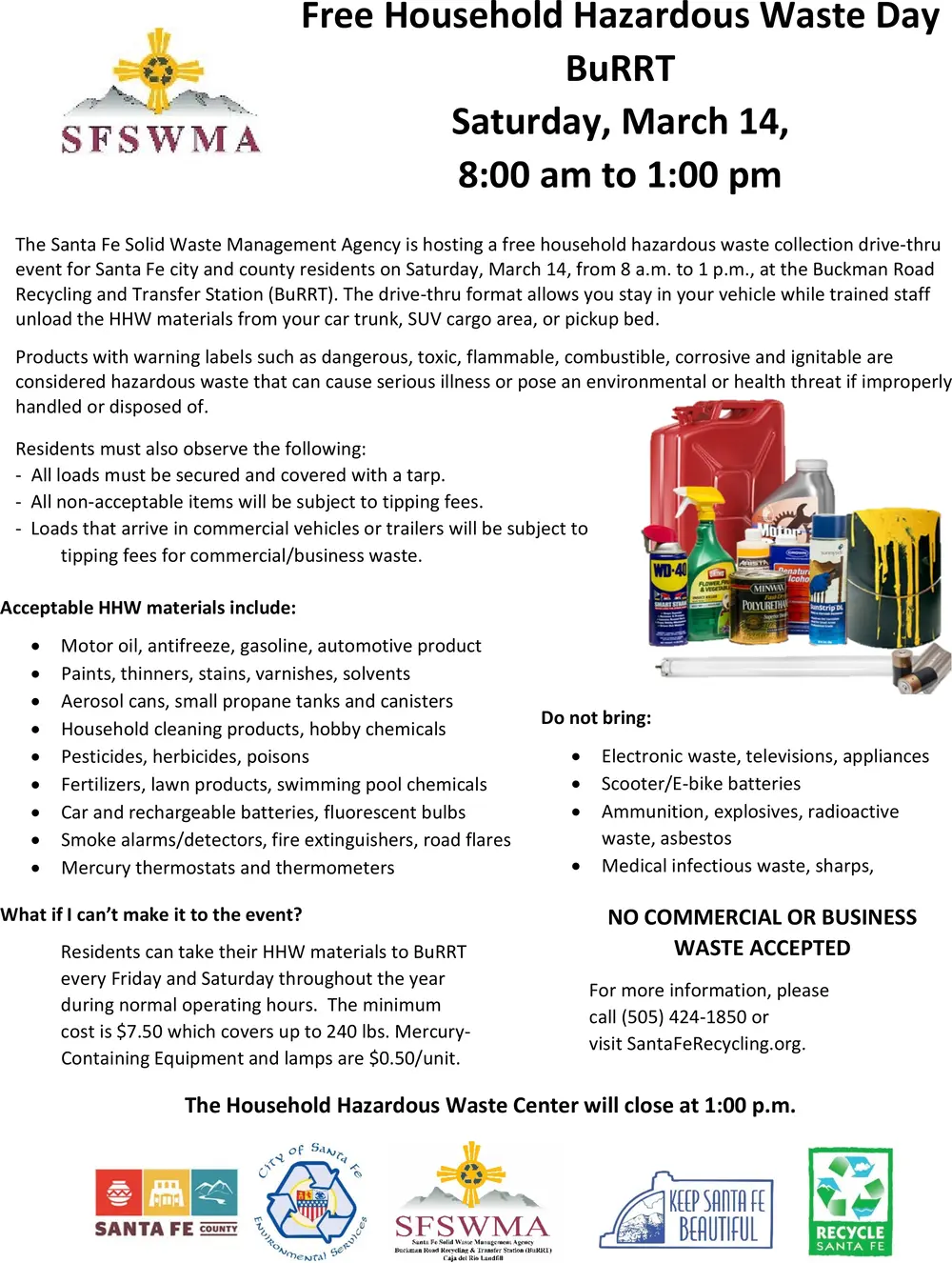 Free Household Hazardous Waste Day BuRRT Saturday, March 14-8am-1pm