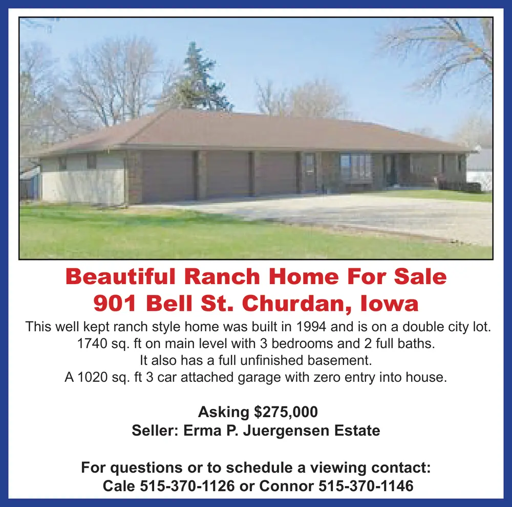 Beautiful Ranch Home For Sale in Churdan, Iowa