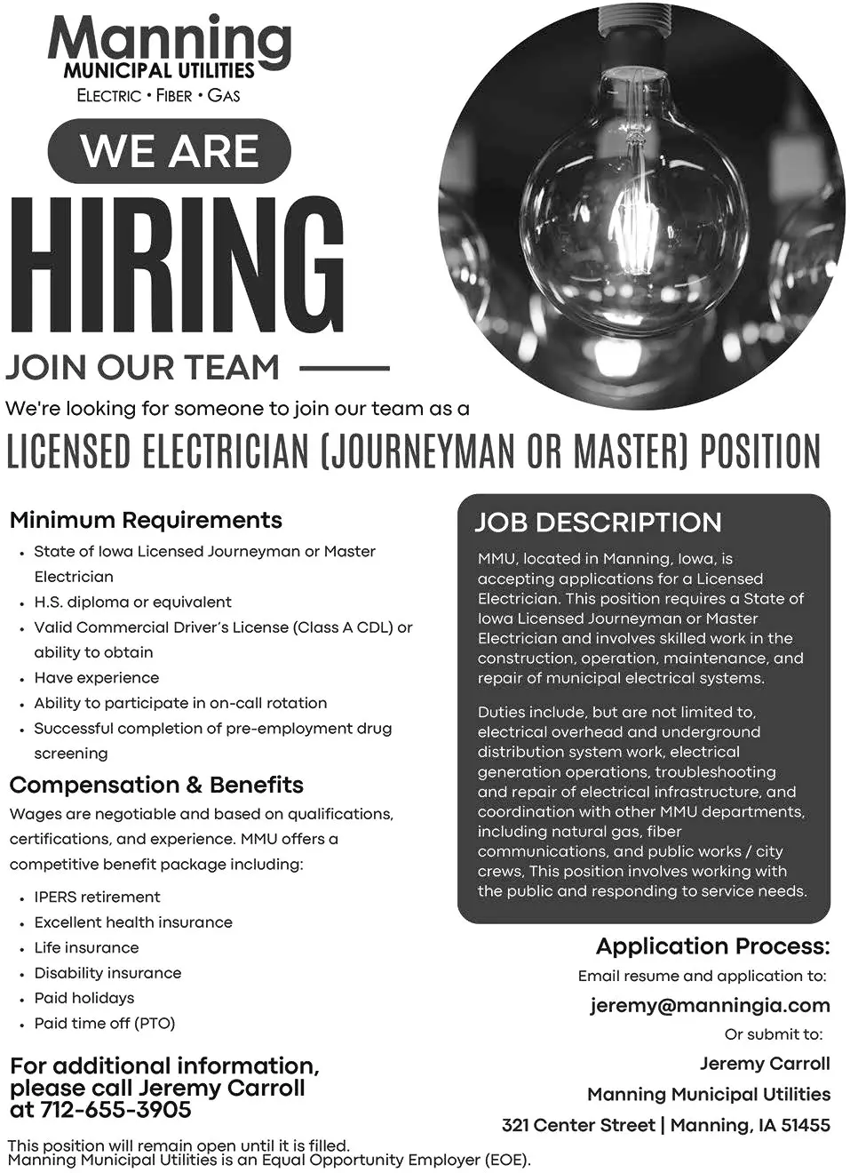 Licensed Electrician Careers in Manning, Iowa