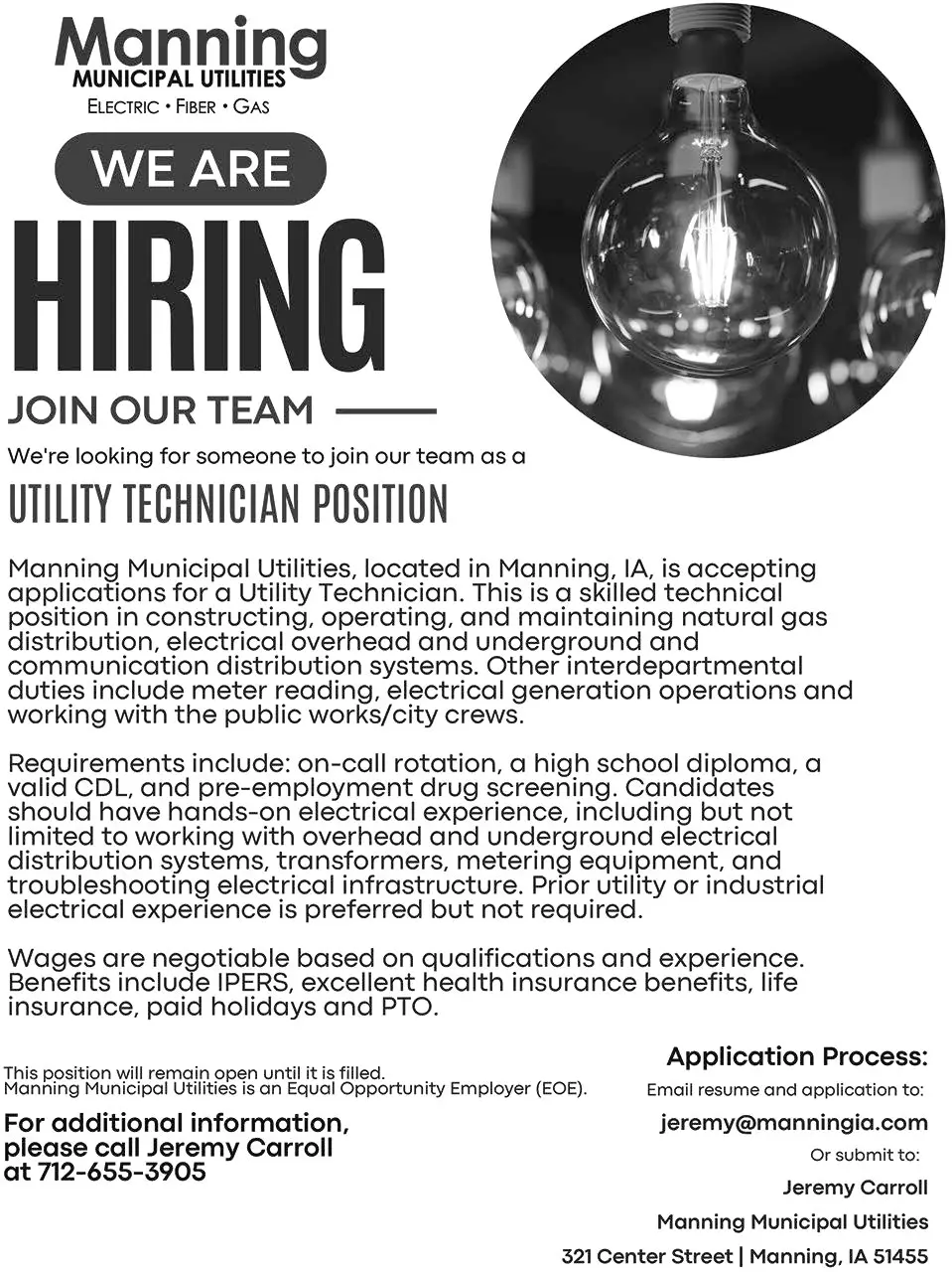 Utility Technician Careers with Manning Municipal Utilities in Manning, IA