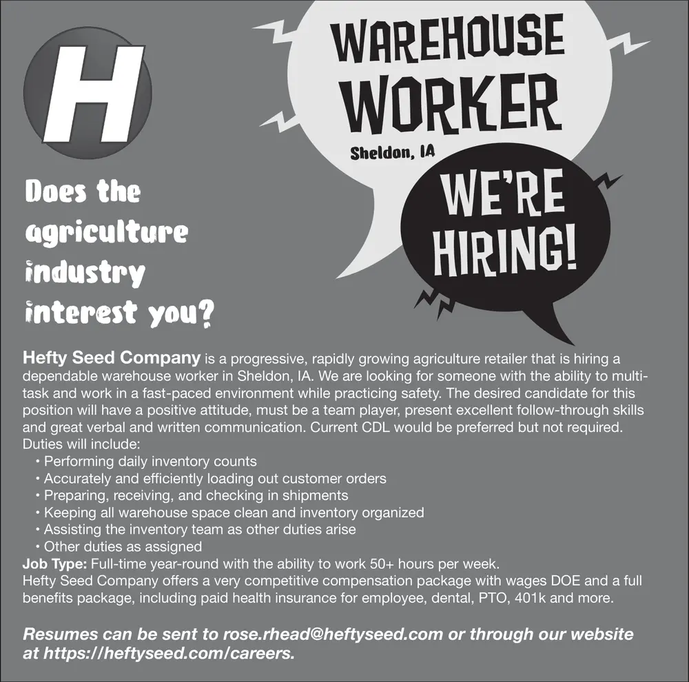 Warehouse Careers and Agriculture Jobs in Sheldon, IA