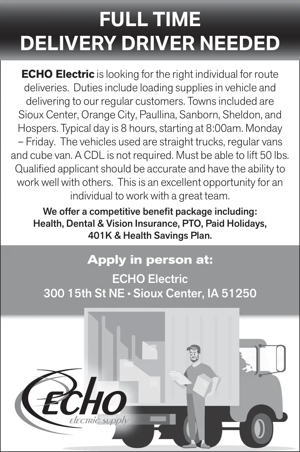 Delivery Driver Careers at ECHO Electric – Sioux Center, IA