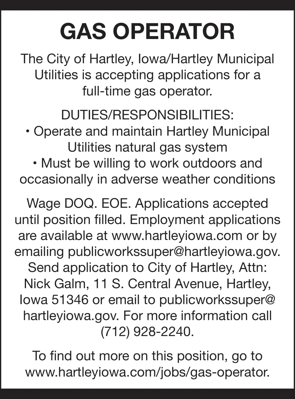 Join Hartley Municipal Utilities Gas Operator Team | Hartley, Iowa