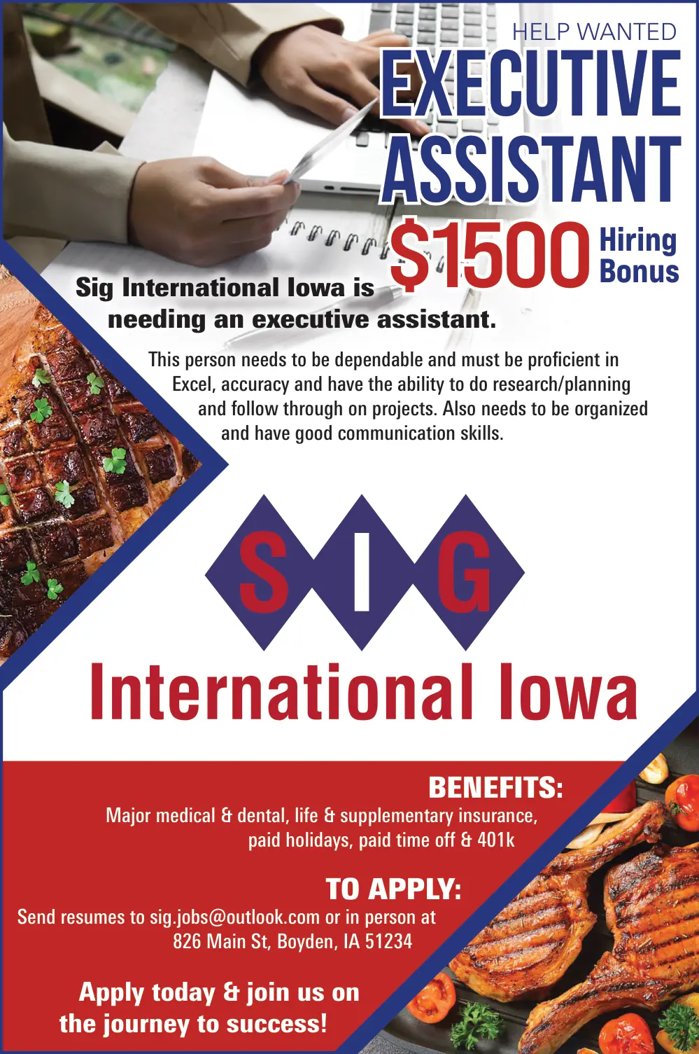 Join SIG International Iowa - Executive Assistant Careers in Boyden, Iowa