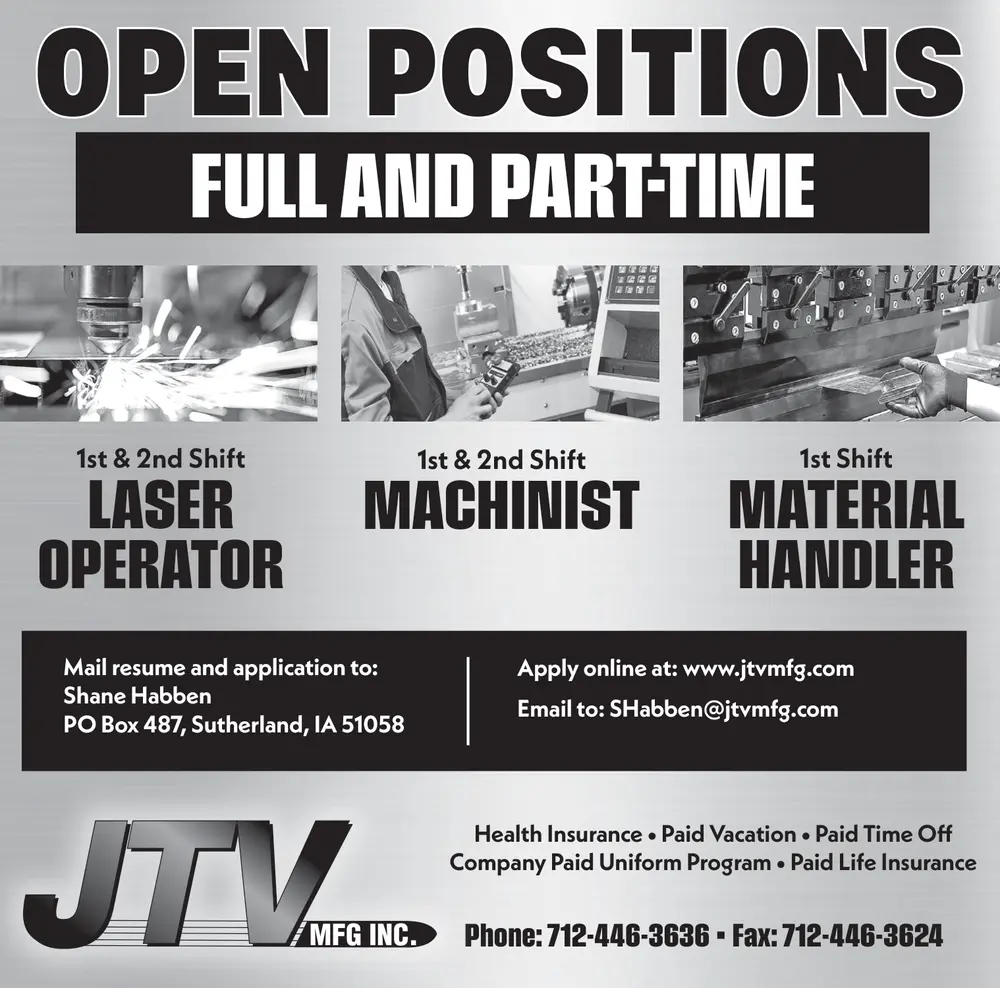 Manufacturing Jobs in Sutherland, Iowa – Join JTV MFG INC.