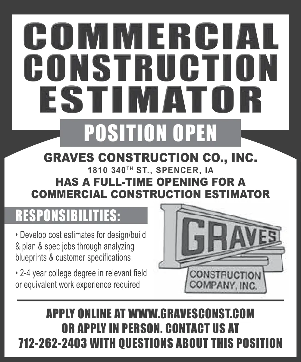 Commercial Construction Estimator Careers – Spencer, Iowa