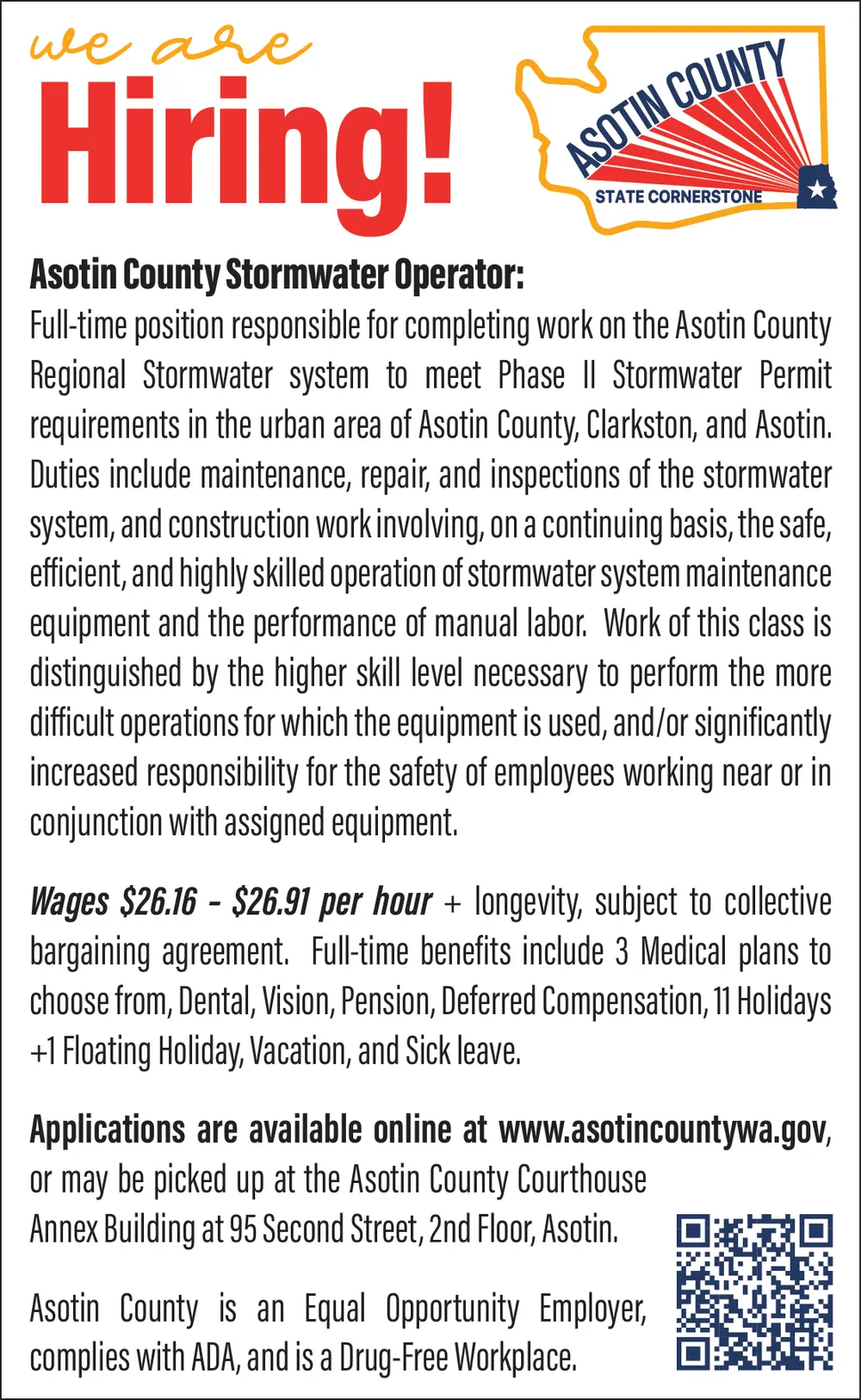 Stormwater Operator Job Opportunity in Asotin, WA