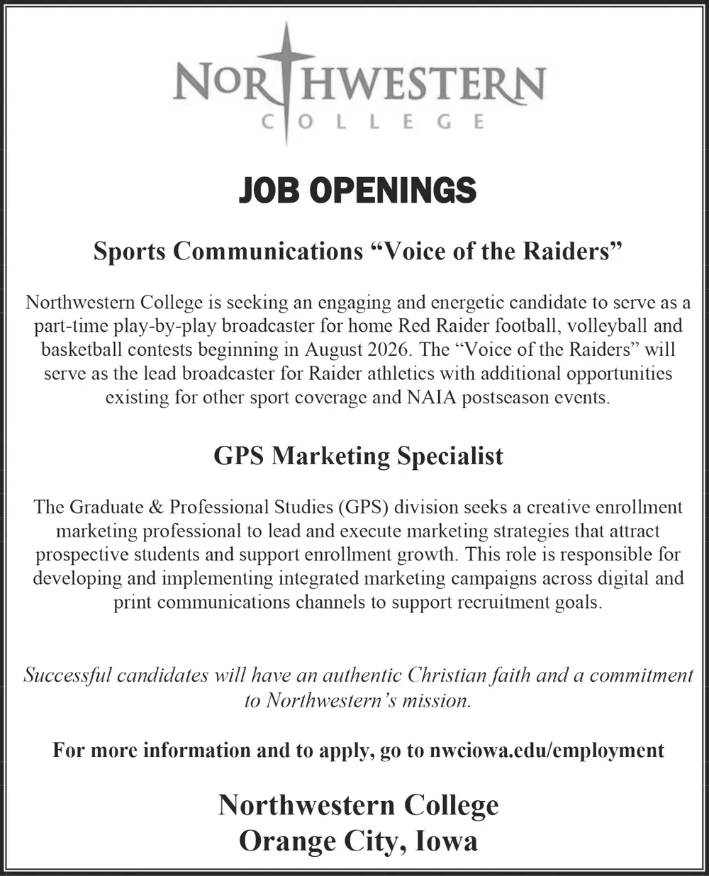 Join Our Team at Northwestern College – Orange City, Iowa