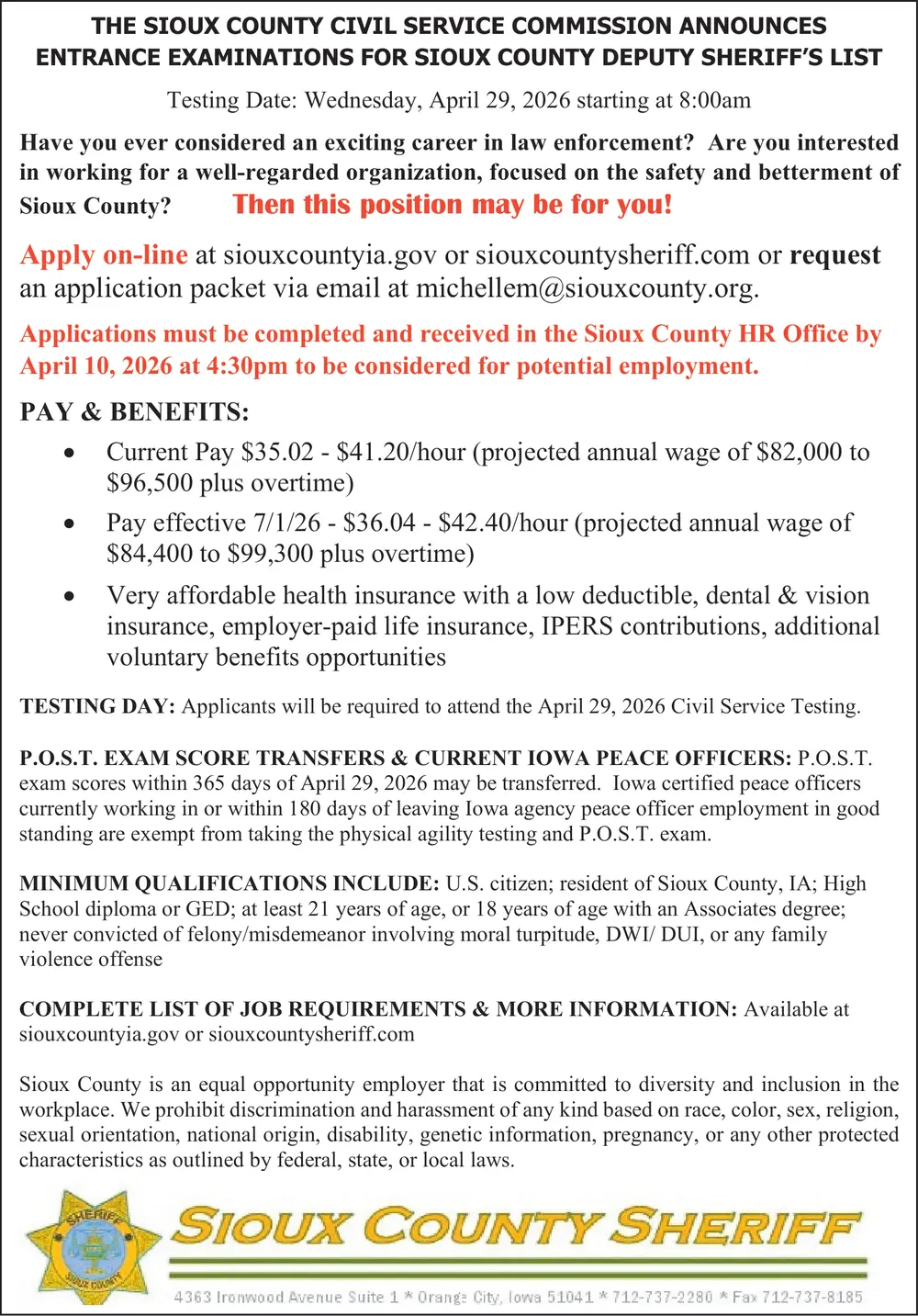 Careers at Sioux County Sheriff – Orange City, Iowa