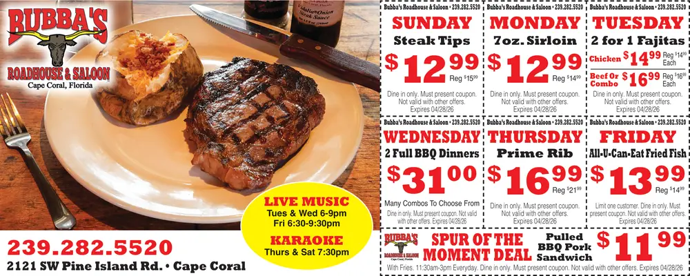Coupons for Bubba's Roadhouse & Saloon