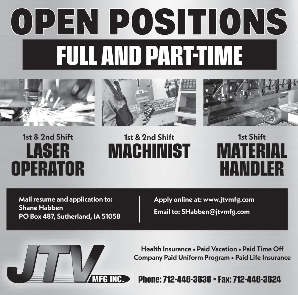 Manufacturing Jobs in Sutherland, Iowa | JTV MFG INC.