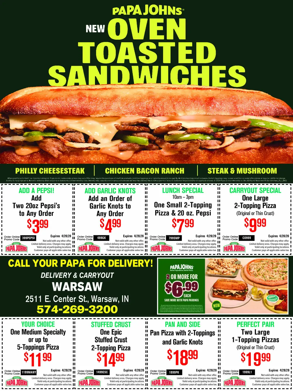 Papa John's Pizza & Oven Toasted Sandwiches – Warsaw, Indiana