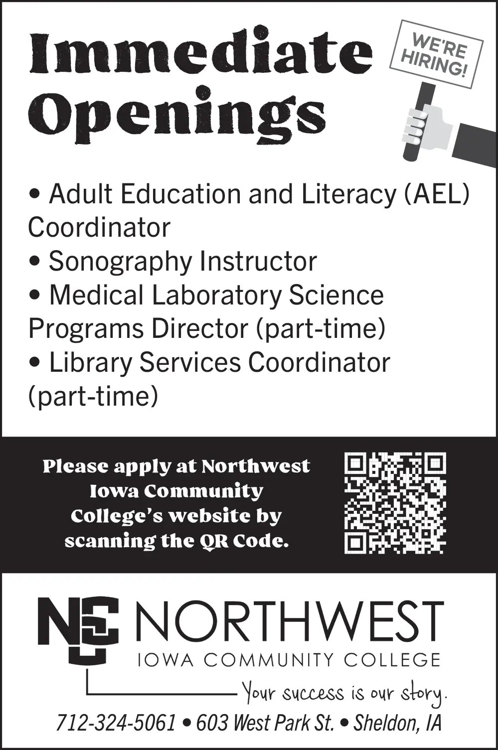 Now Hiring at Northwest Iowa Community College – Sheldon, Iowa