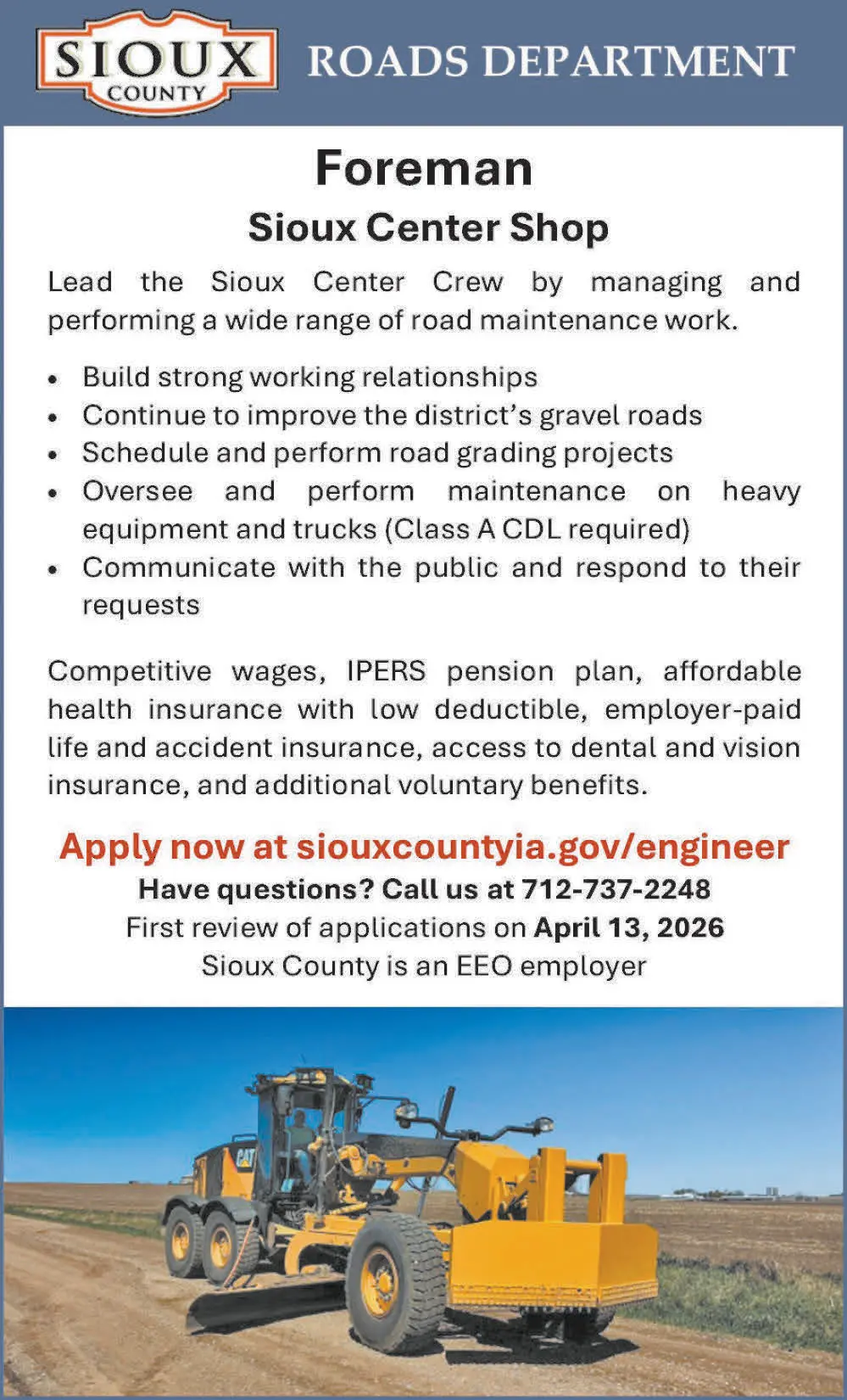 Foreman Job Opening – Sioux Center, Iowa