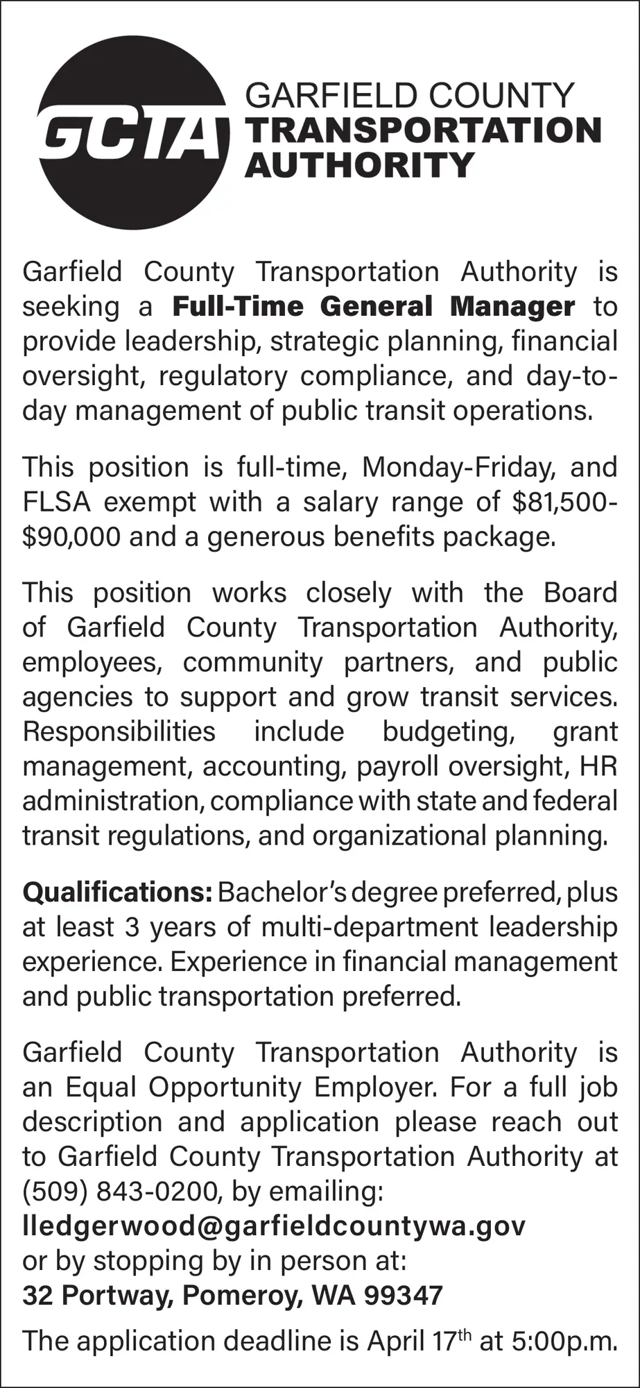 Full-Time General Manager Job – Pomeroy, WA