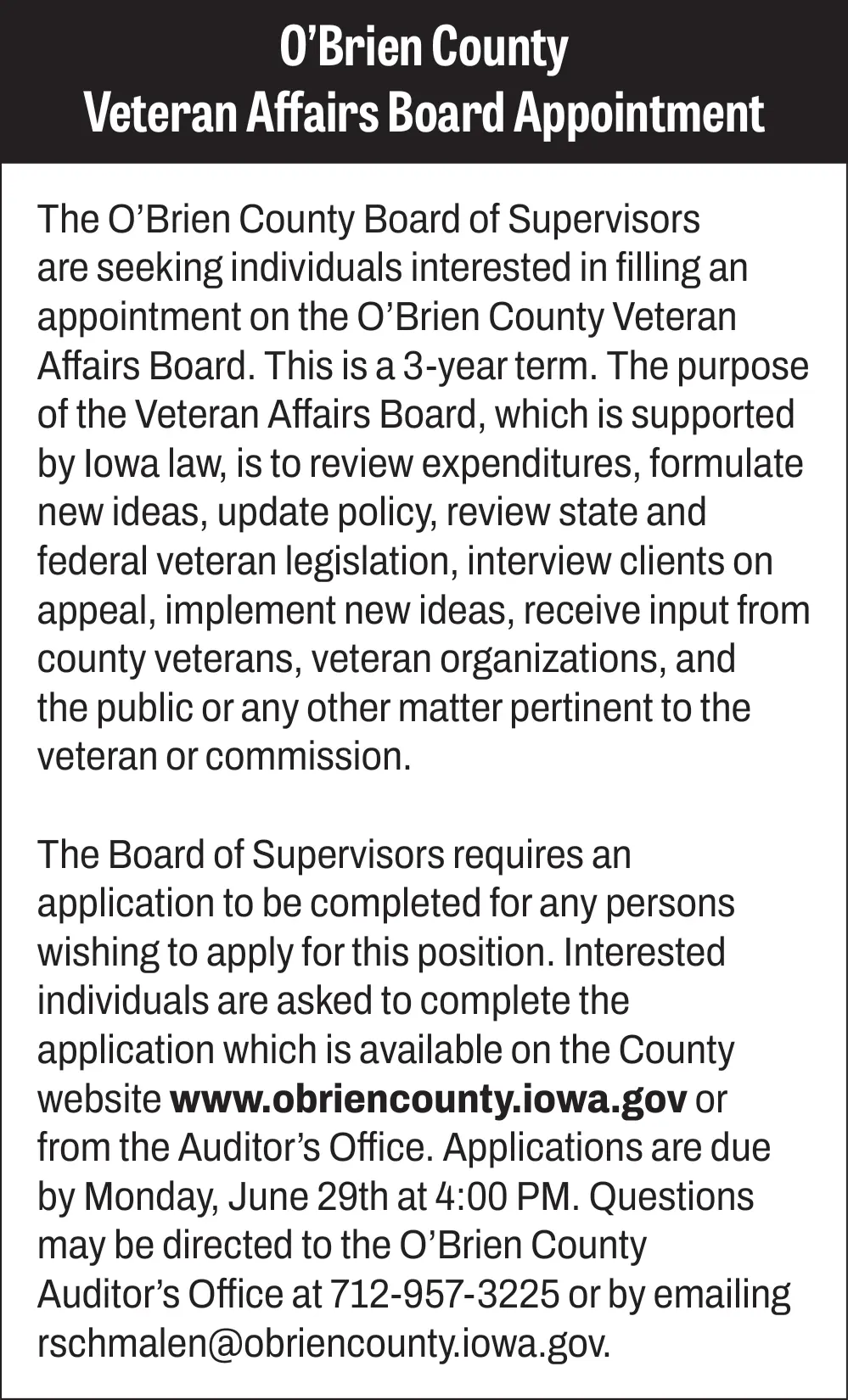O'Brien County Veteran Affairs Board Appointments in O'Brien County, Iowa