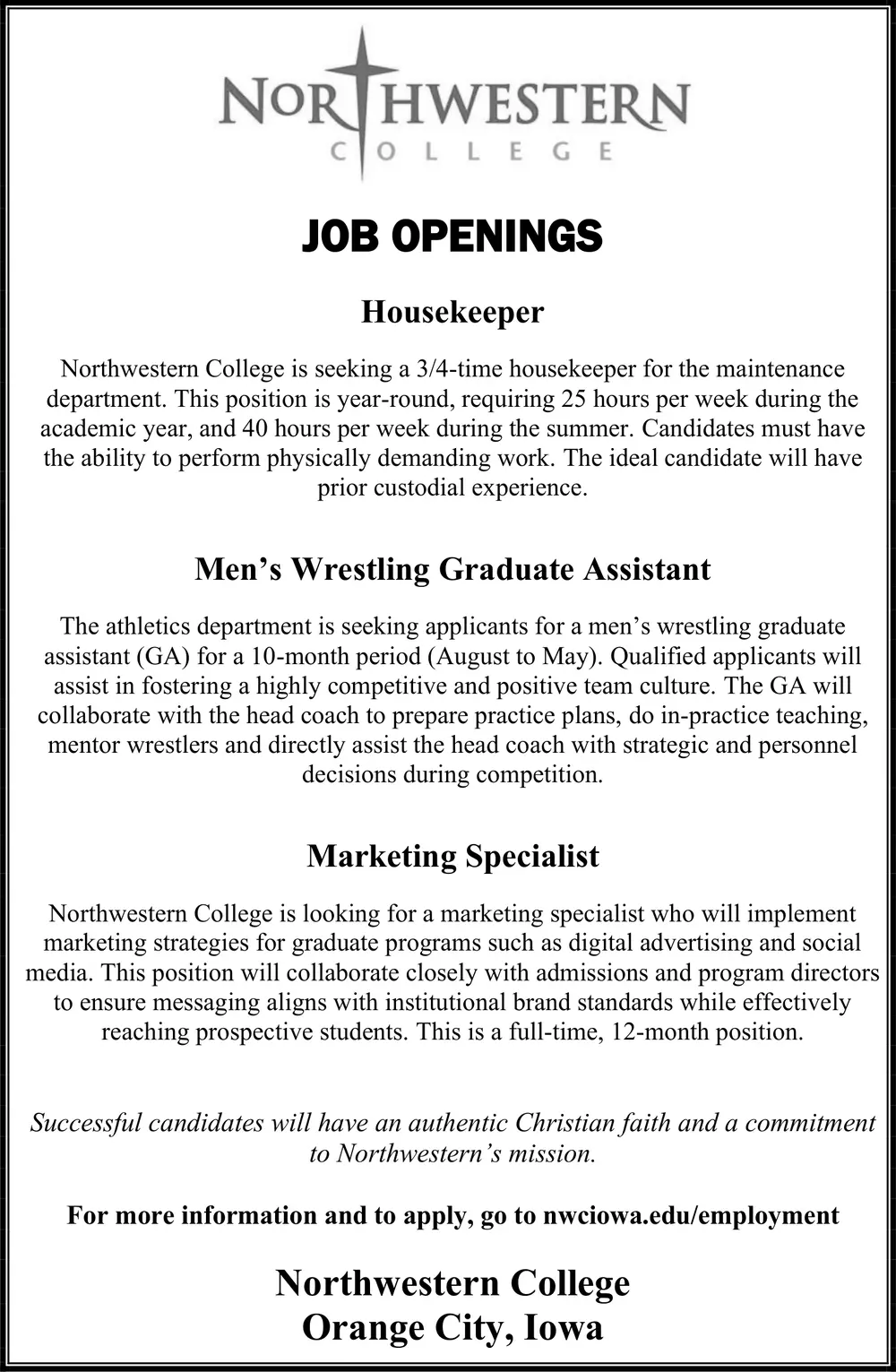 Northwestern College Job Opportunities in Orange City, Iowa