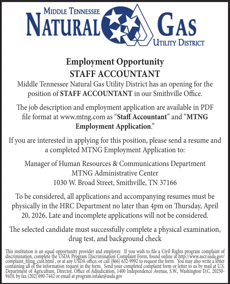 Staff Accountant Careers at Middle Tennessee Natural Gas – Smithville, TN
