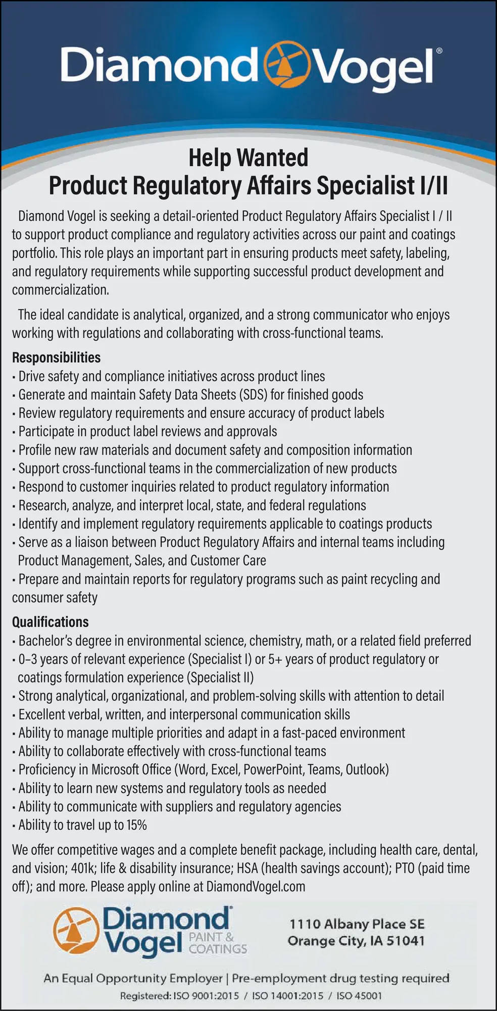 Careers at Diamond Vogel | Orange City, IA Paint & Coatings