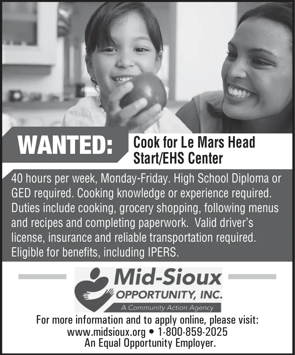 Cook Job Opening – Le Mars Head Start/EHS Center, Le Mars, Iowa