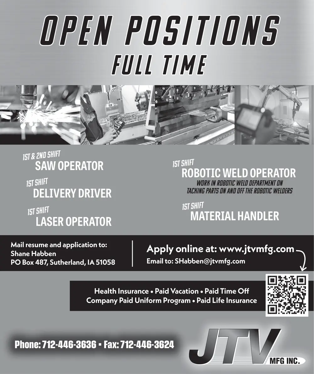 Manufacturing Careers at JTV MFG INC. – Sutherland, Iowa