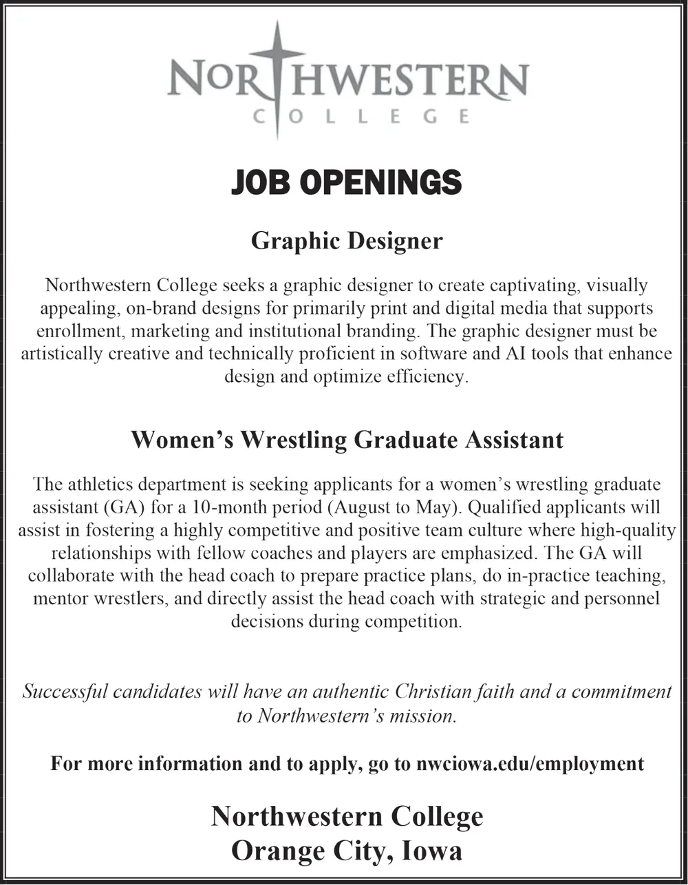 Graphic Designer & Wrestling Graduate Assistant Jobs in Orange City, Iowa
