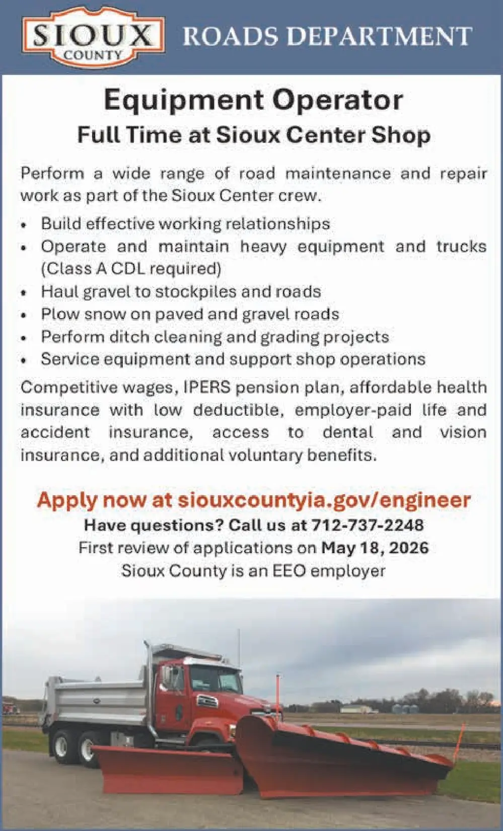 Join Sioux County Roads Department – Equipment Operator Jobs in Sioux Center, Iowa