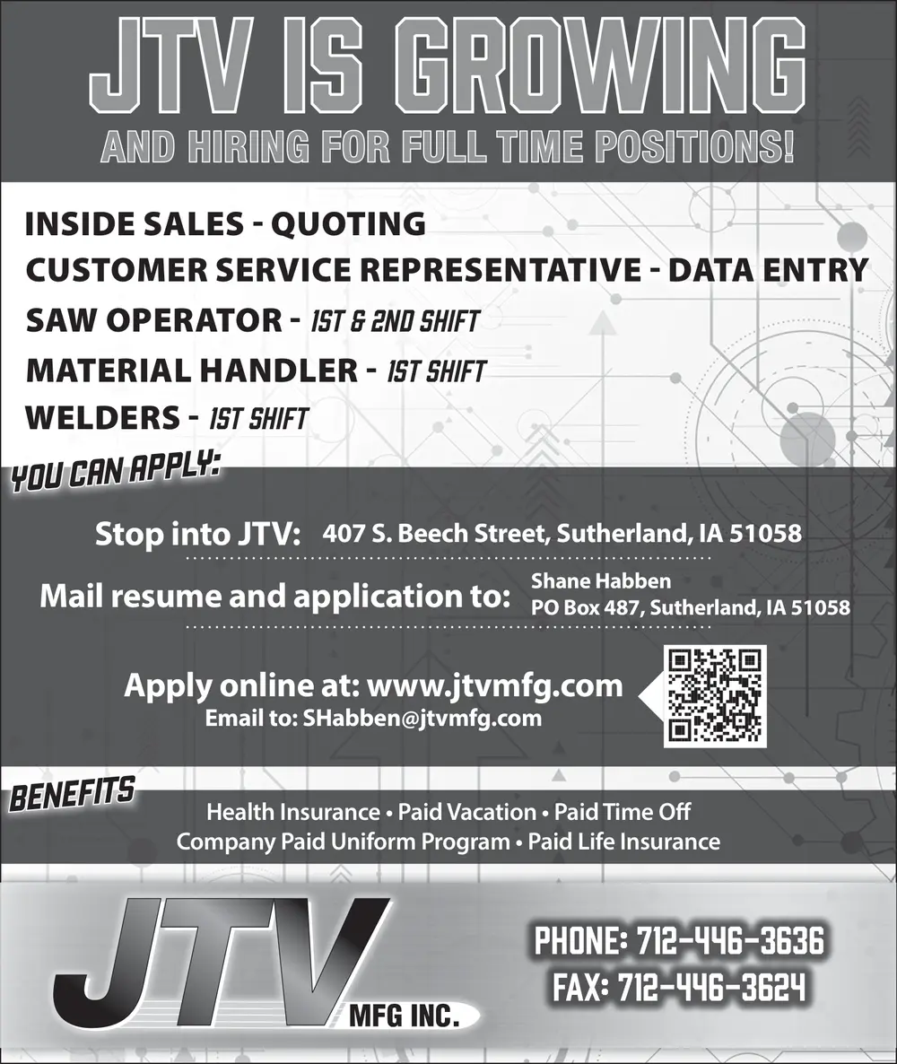 Manufacturing Jobs & Careers in Sutherland, IA – JTV MFG INC.