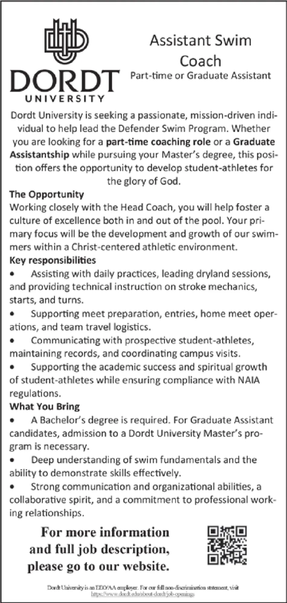 Assistant Swim Coach Position – Sioux Center, Iowa