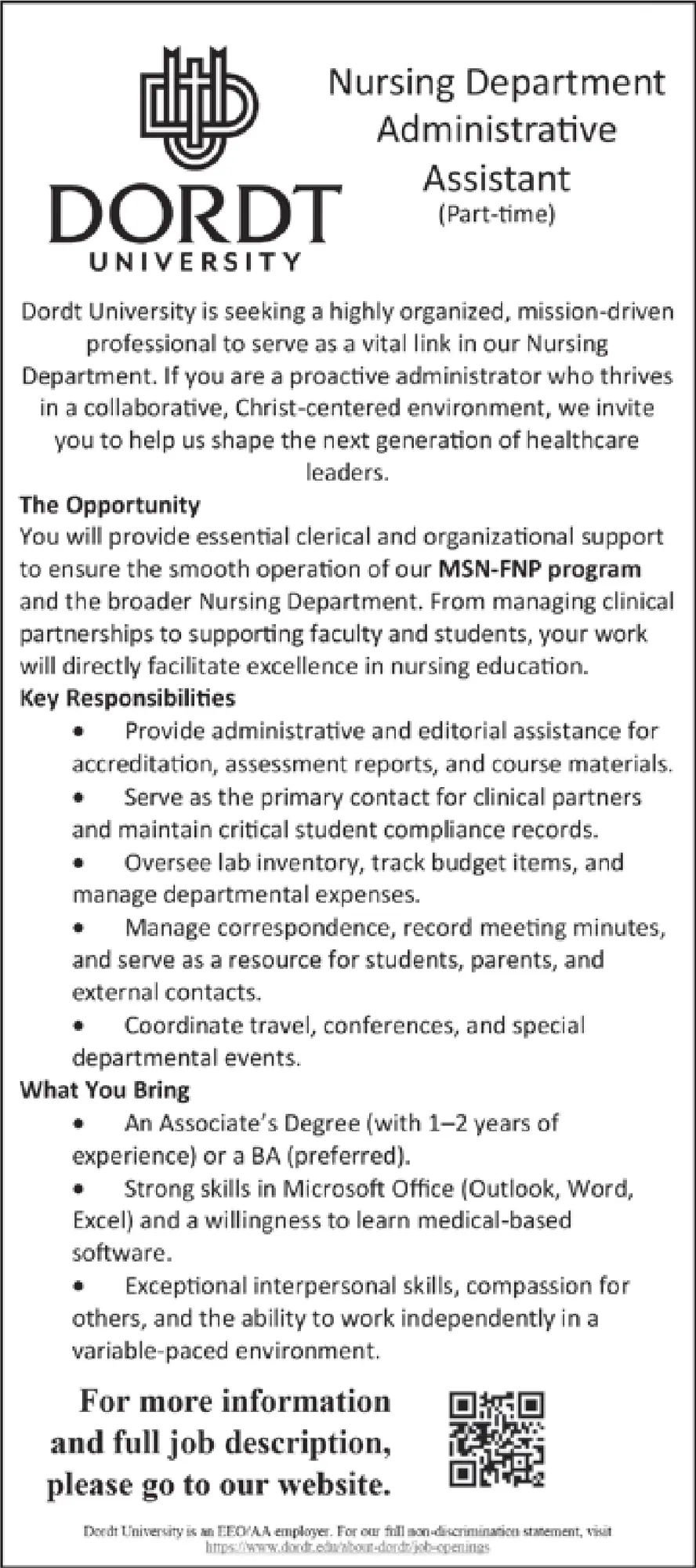 Nursing Department Administrative Careers at Dordt University, Sioux Center, Iowa