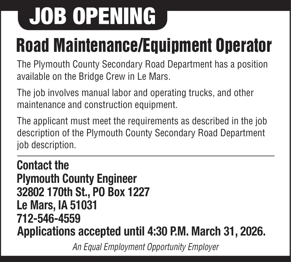 Road Maintenance/Equipment Operator Job in Le Mars, Iowa