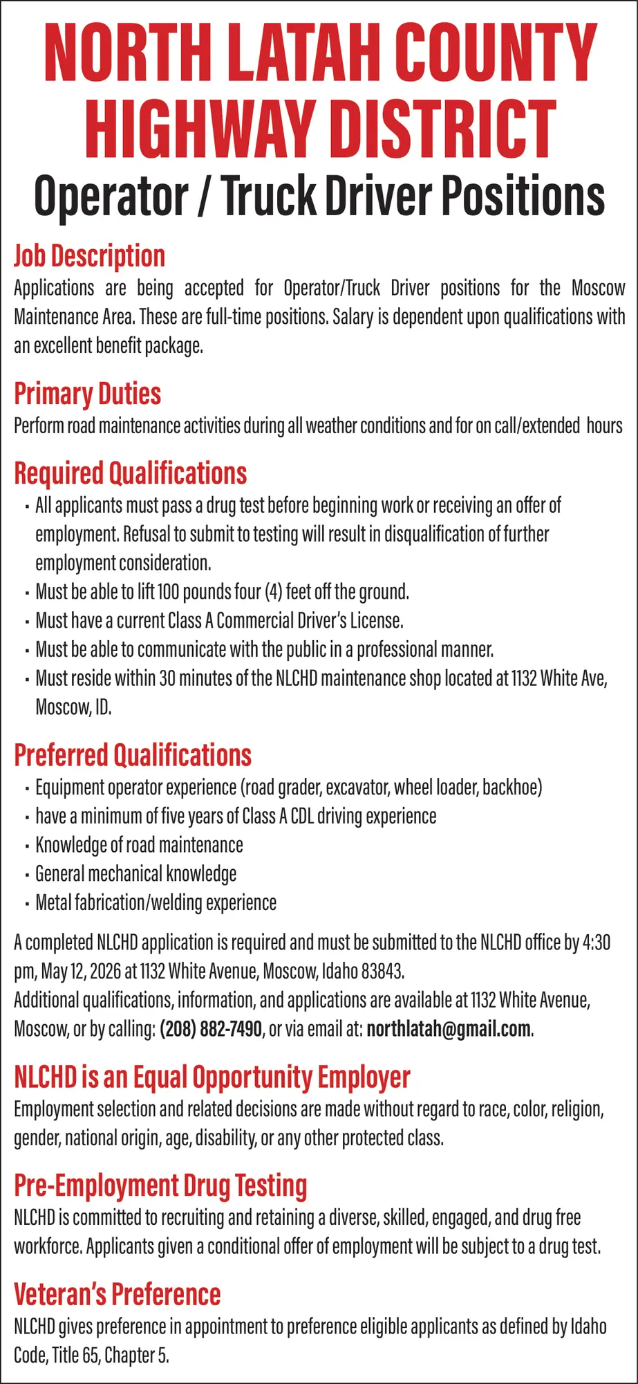 Operator / Truck Driver Jobs in Moscow, Idaho